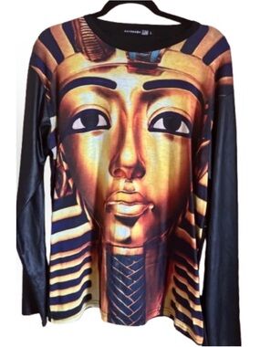 Kayden K Egyptian King Tut Pharaoh Graphic Tee Faux Leather Long Sleeve Large